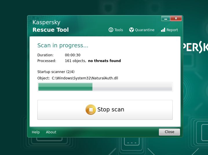 Kaspersky Rescue Disk ウイルススキャン中