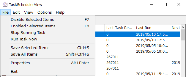 File メニュー（TaskSchedulerView）