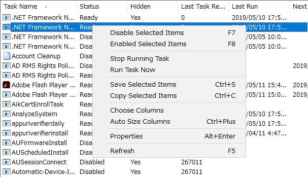 右クリックメニュー（TaskSchedulerView）