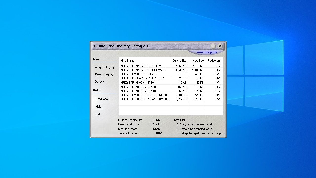 Eusing Free Registry Defrag