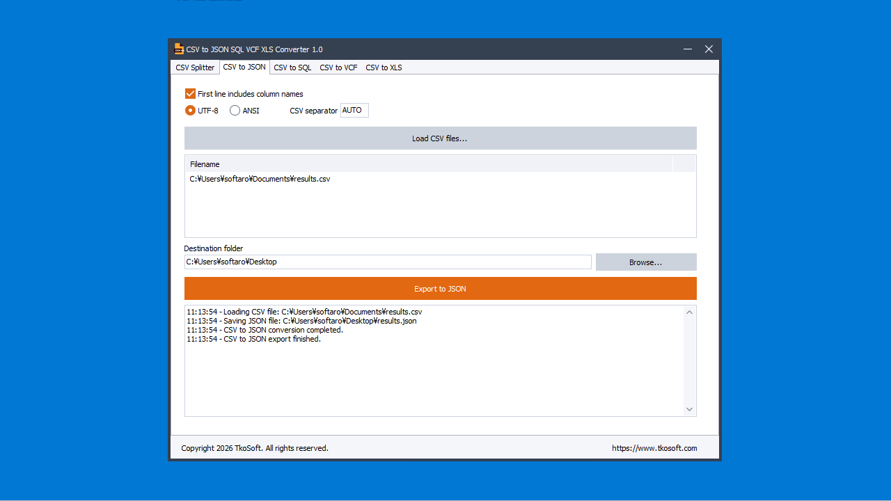 CSV to JSON SQL VCF XLS Converter