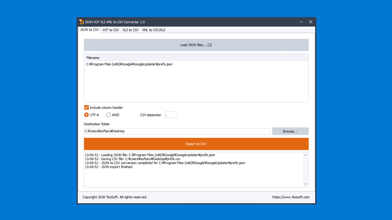 JSON VCF XLS XML to CSV Converter